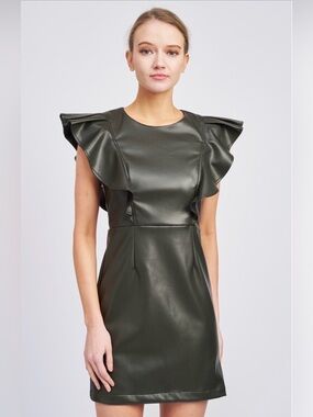 En Saison Olive Green Faux Leather Ruffle Sleeve Midi Dress